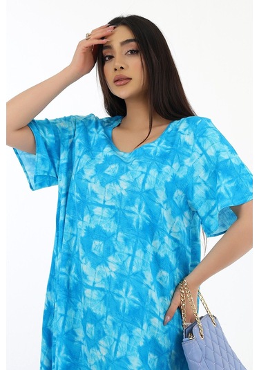 Schık Kadın Viskon Yarım Kol Kare Yaka Elbise Turkuaz Turkuaz