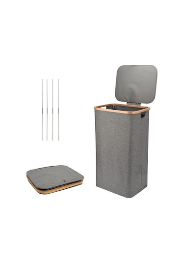 Mien Bambu Kenarlı Kumaş Katlanabilir 100 Lt Çamaşır Sepeti 44x33x70 Gri