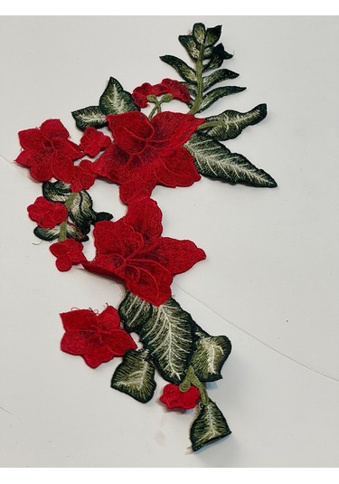 38x19 Cm Nakış Işleme Kırmızı Gül Güpür Yama Aplik