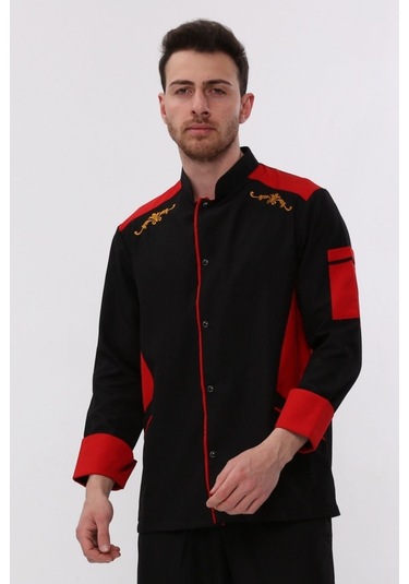 Uniprom Uzun Kollu Aşçı Ceketi Önlük Nakışlı Cepli Şef, Garson Siyah - Kırmızı