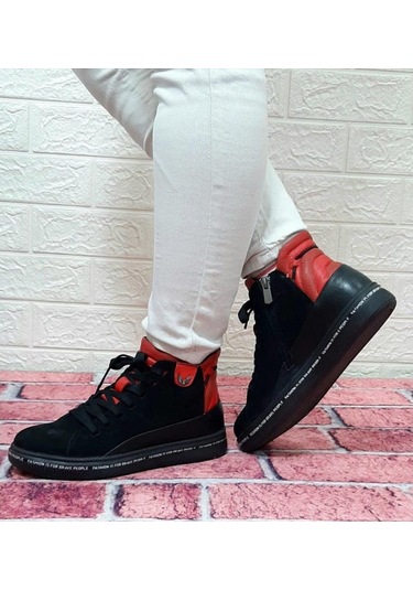 Voyager 8498 Siyah-Kırmızı Hakiki Deri Kaymaz Taban Fermuarlı Bağ