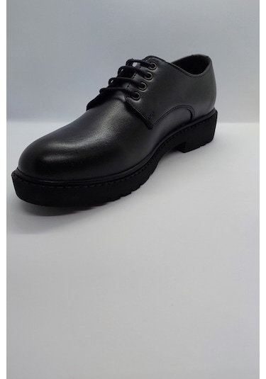 %100 El İşçiliği Rahat Taban Bağcıklı Siyah İmalat Deri Ayakkabı Siyah
