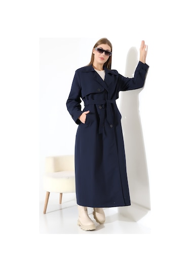Amazon Keten Kumaş Uzun Boy Düğmeli Astarlı Yumuşak Dokulu Trenç Kot Lacivert Lacivert