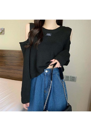 Siyah Tasarım Duygusu Sonbahar Kış Kazak Kazak Triko Kadın Kapalı Omuz Astar Dışında Giyin İnce Tasarım Üst Siyah