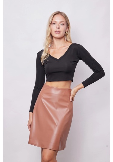 Kadın Hafif Likralı Deri Yüksek Bel Diz Boy Çan Etek-camel CAMEL