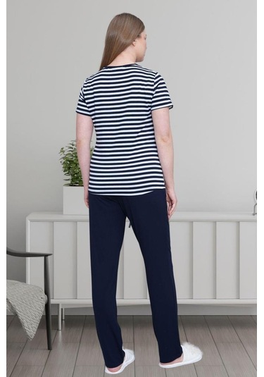 Mecit 6202 Bayan Lacivert Çizgili Büyük Beden Pijama Takımı Lacivert