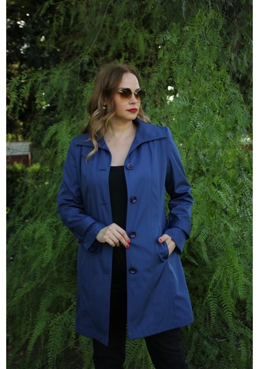 1671 Kolu Düğme Detaylı Uzun Kapişonlu Saks Büyük Beden Kadın Ceket Saks