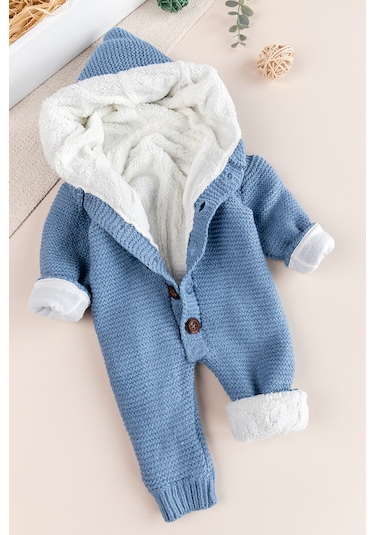 Triko Örme Welsoft Astarlı Kapüşonlu Kışlık Bebek Tulum mavi