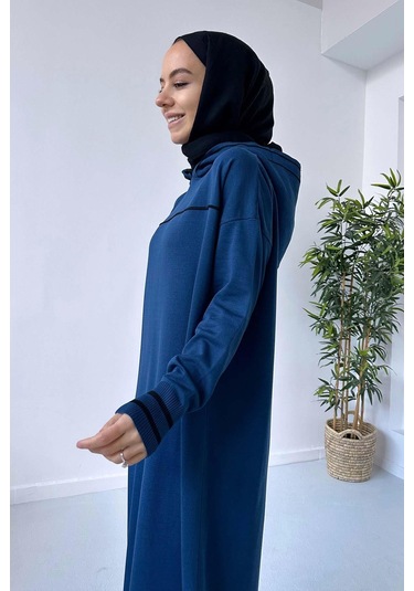 Kapüşonlu Merserize Elbise - Petrol Petrol Mavi