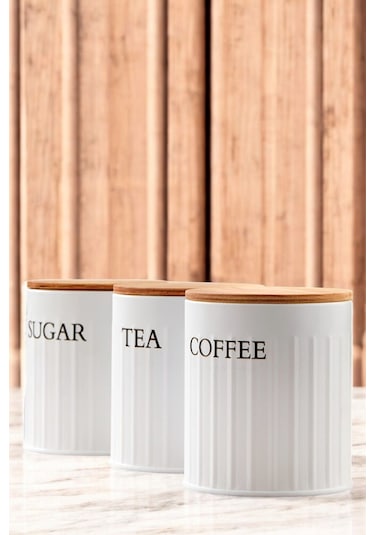 3 Lü Ahşap Kapaklı Metal Saklama Kutusu Çay Kahve Şeker Kavanoz Saklama Kabı Beyaz