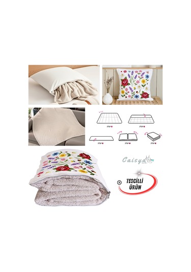 Nakış İşleme Çiçekler Efektli Baskılı Tv Battaniyesi Olabilen Dekoratif Yastık Kırlent Battaniye Çok Renkli