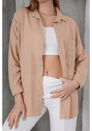 Paw Garage Kadın London Keten Tek Cepli Oversize Gömlek, Premium Kalite Keten Gömlek Açık Kahve