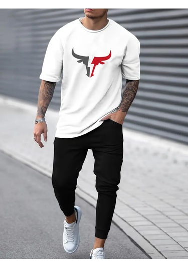 Unisex Boğa Baskılı Eşofman Takımı Beyaz