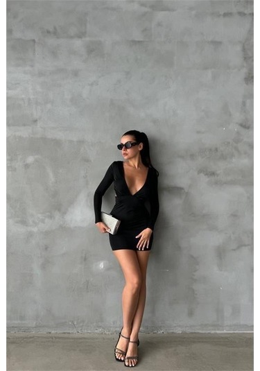 Dip Moda Kadın Bel Ve Göğüs Dekolteli Mini Elbise Dpnbdf085 Siyah