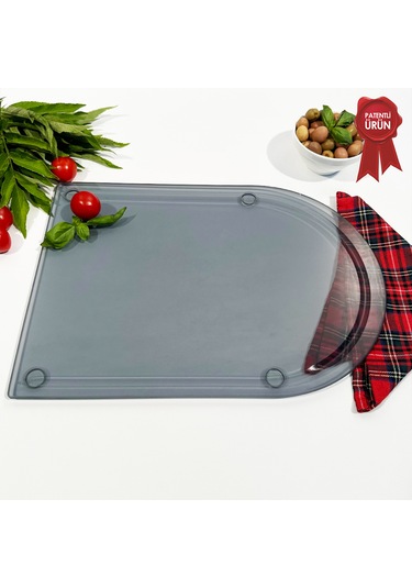 Kanallı Cam Kesme Tahtası - Füme Cam - Kenarı Oval - 25x35cm