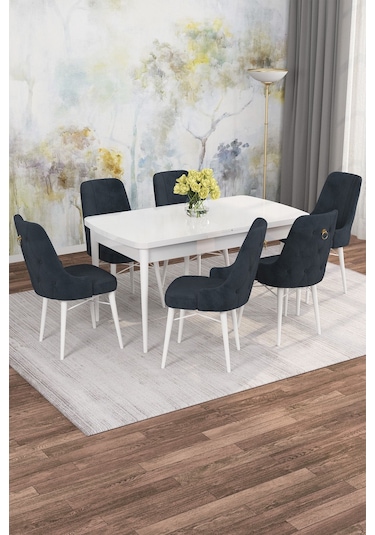 Mona Beyaz 80x132 Açılabilir Mdf Masa Yemek Odası Takımı, Mutfak Takımı 6 Adet Sandalye Beyaz Masa - 6 Antrasit - Beyaz Ayak