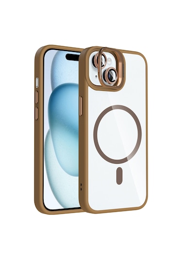 iPhone Uyumlu 15 Kılıf Standlı + Kamera Lens Koruma Setli M-safe Şarj Özellikli Mkst Etro Kapak Desert Titanyum Desert Titanyum