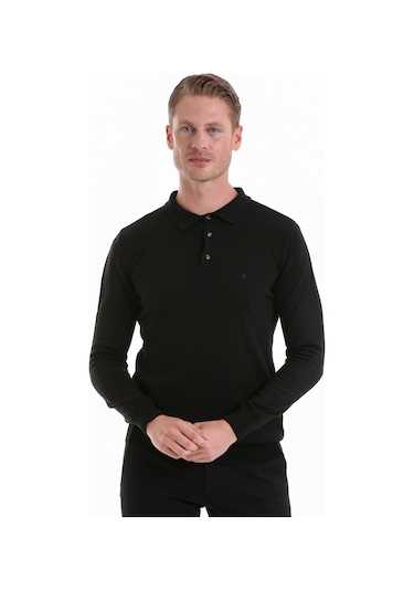 Hatemoğlu Regular Fit Düz Polo Yaka Triko Kazak Siyah