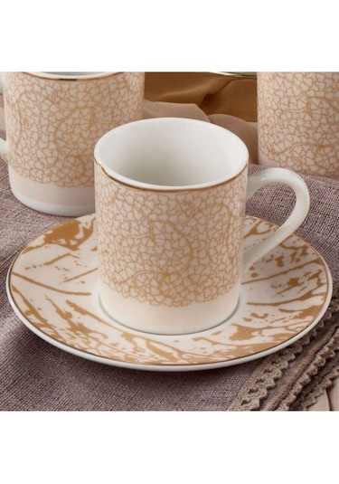 Güral Porselen Camelıa 12 Parça 6 Kişilik Bone Türk Kahvesi Fincan Takımı - 2511 Bej