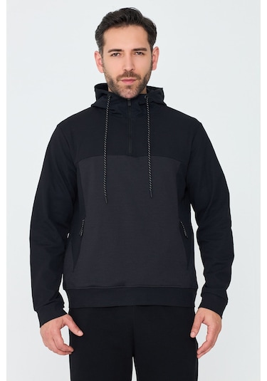 White Stone Siyah Kapüşonlu Yarım Fermuarlı Yandan Cepli Erkek Sweatshirt