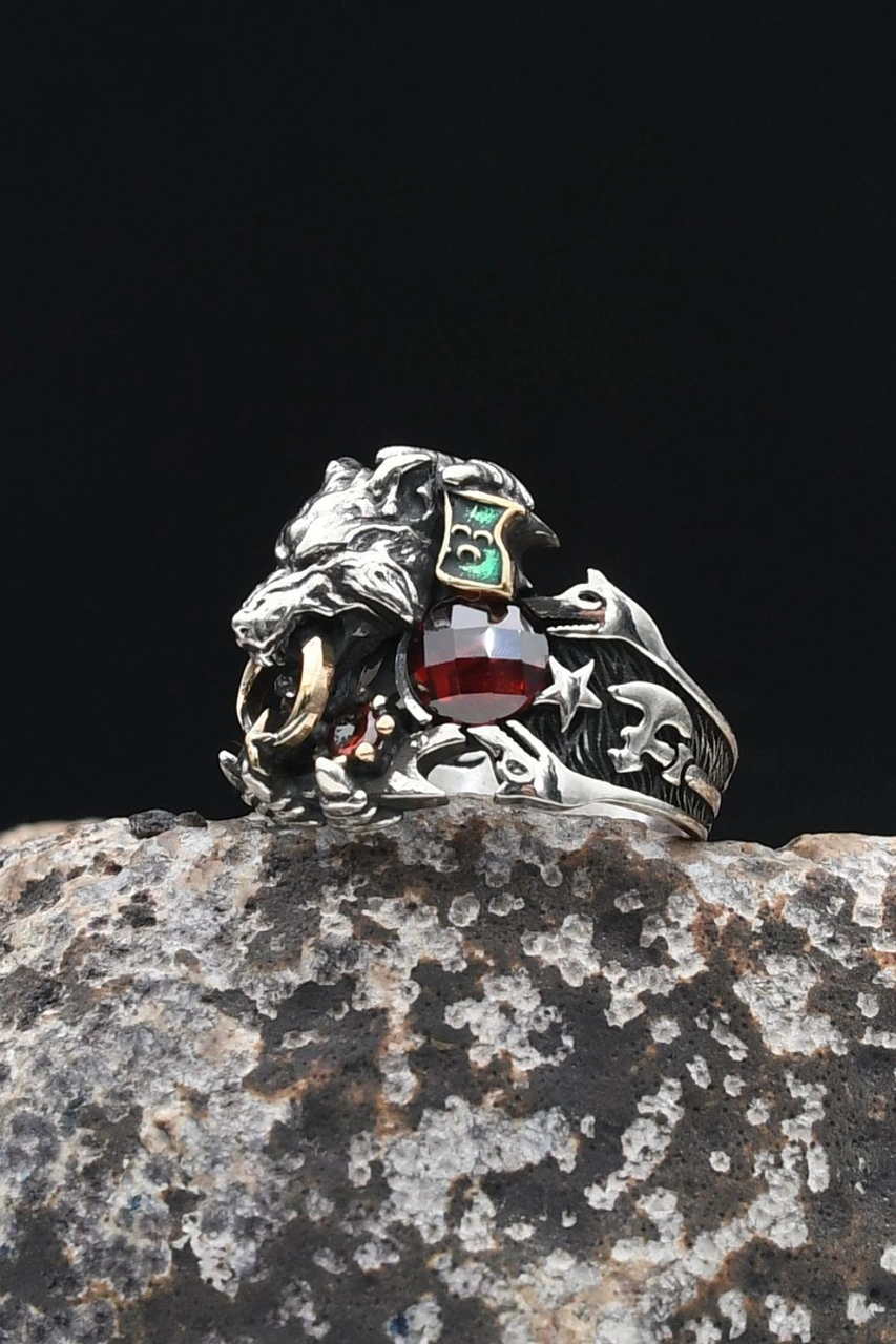 Ay Yıldızlı - Ay Yıldız Ve Kurt Figürlü Ve Kırmızı Zirkon Taşlı 925 Ayar Gümüş Erkek Yüzük 902327 Gümüş