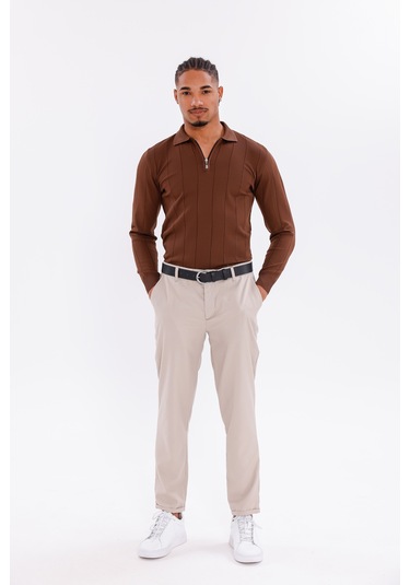 Monox Erkek Yarım Fermuarlı Polo Yaka Triko Kazak Kahverengi