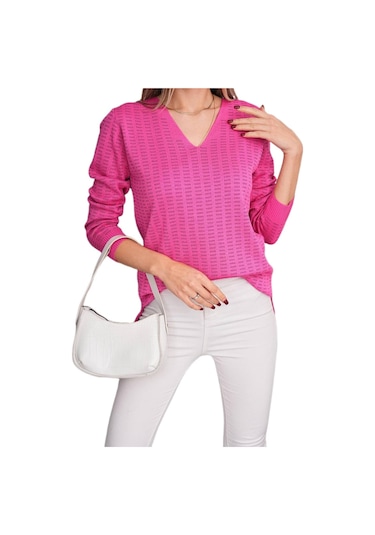 Kadın V Yaka Simli Kazak 12809 Bgl-st04106 Fuşya