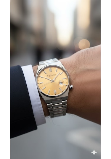 Ferrucci Erkek Kol Saati Gümüş Renk, Turuncu Kadran - Fc03223m.04, 2 Yıl Garantili Gümüş