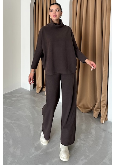 Modagen Kadın Selanik Kumaş Balıkçı Yaka Alt Üst Takım Kahve