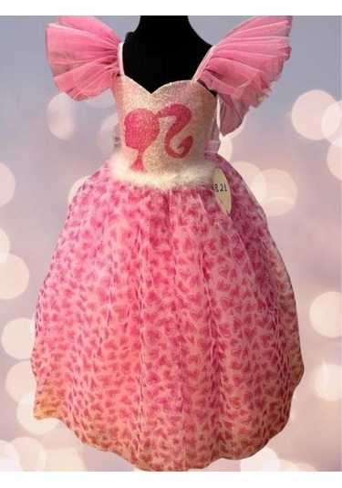 Kız Çocuk Tarlatanlı Barbie Abiye Elbise-13693 Pembe