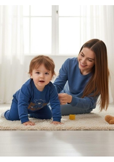 Zekids Erkek Bebek Pamuklu Ayıcıklı Eşofman Takım-16330 Mavi