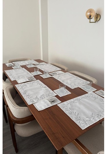 Nazlım Keten Nakışlı Amerikan Servis Takımı 19 Parça Silver Gümüş