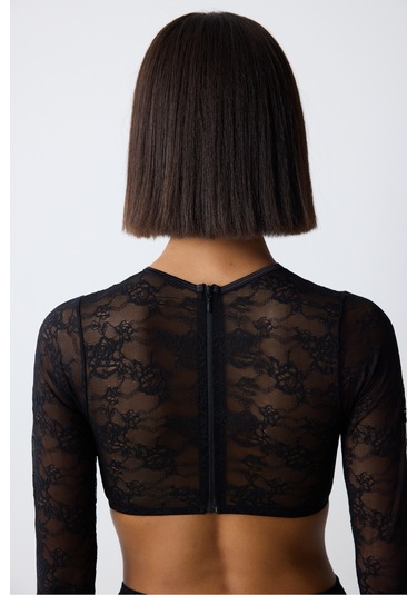 Penti Shinny Lace Dantel Uzun Kollu Siyah Croplet
