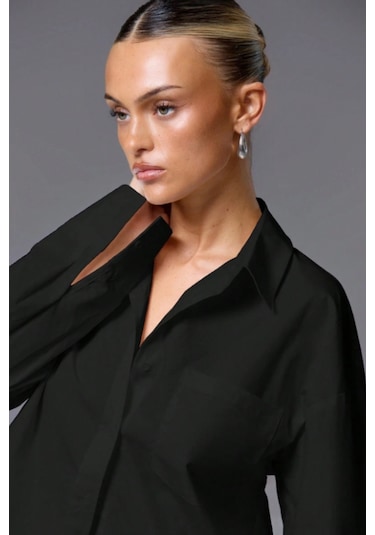 Tarz Cool Kadın Oversize Gömlek Uzun Kollu Basic Salaş Kesim Poplin Trend Şık Günlük Gömlek Siyah
