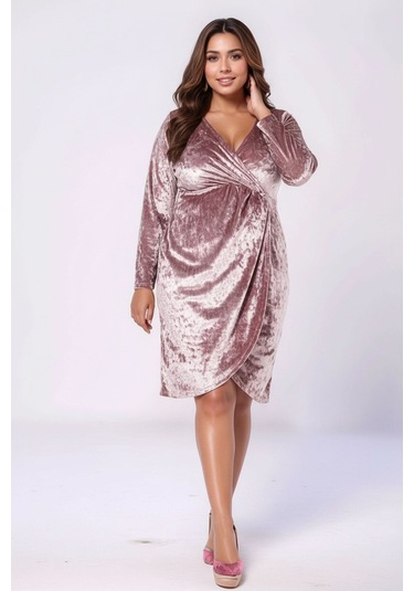Kadın Kruvaze Yaka Esnek Şık Uzun Kol Büyük Beden Curve Kadife Abiye Gece Elbisesi Pembe