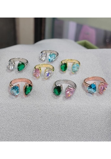Renkli Çift Damla Taşlı Gümüş Yüzük Pembe Altın