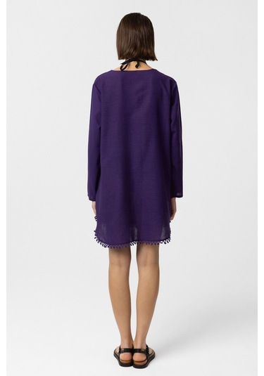 Mor Nakış İşlemeli Uzun Kollu Pamuklu Bluz Elbise Mor