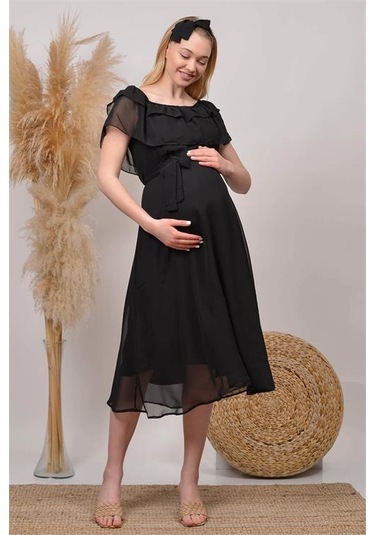 Kadın Kuşaklı Şifon Hamile Elbisesi Dphml8060 Siyah