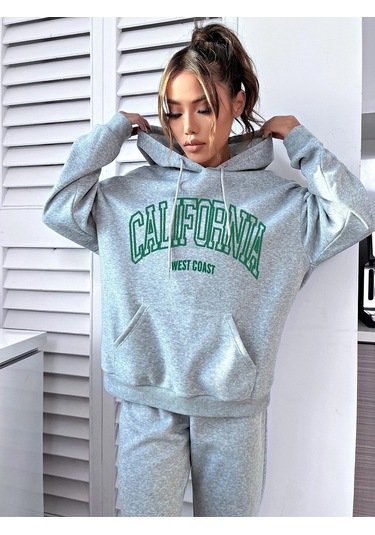 Eşofman Takımı Sweatshirt Jogger - Gri Baskılı Oversize Şardonlu Kapüşonlu Gri
