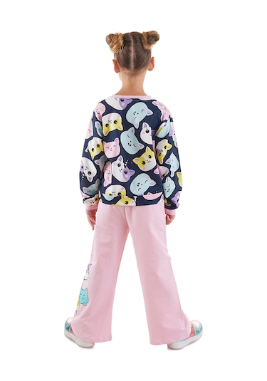 Denokids Sevimli Kediler Kız Çocuk Eşofman Takımı - Lacivert - Pembe