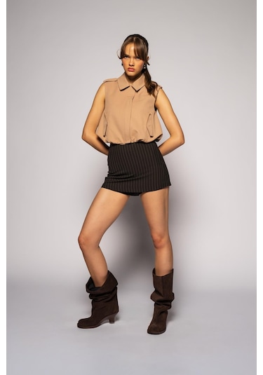 Thalure Kadın Camel Gömlek Yaka Beli Lastikli Yelek CAMEL
