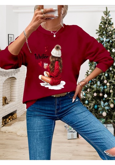 The İstanbul Kadın Yılbaşı Özel Uzun Kollu Bisiklet Yaka Desenli Viskon Iki Iplik Bluz Bordo