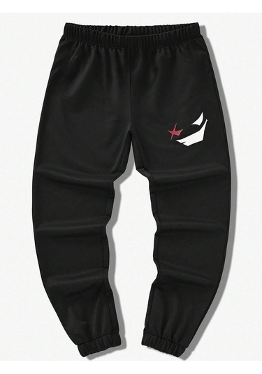 Sinsi Yüz Eşofman Altı Jogger - Siyah Baskılı Lastik Paça Yüksel Bel Siyah