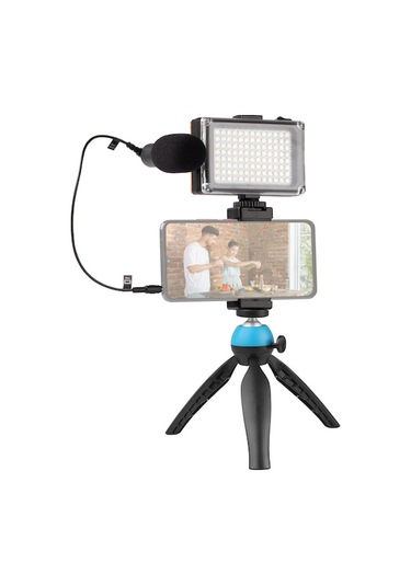 Vk-03 Mobil Video Çekim Seti: Led Işık, Mikrofon, Telefon Tutucu Ve Tripod - Mavi