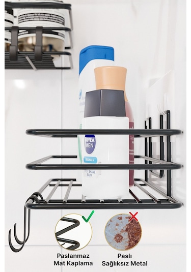 Banyo Düzenleyici Şampuanlık Sabunluk 1 Adet Lüks Metal Yapışkanlı 2 Askılı Duş Rafı Organizer Siyah