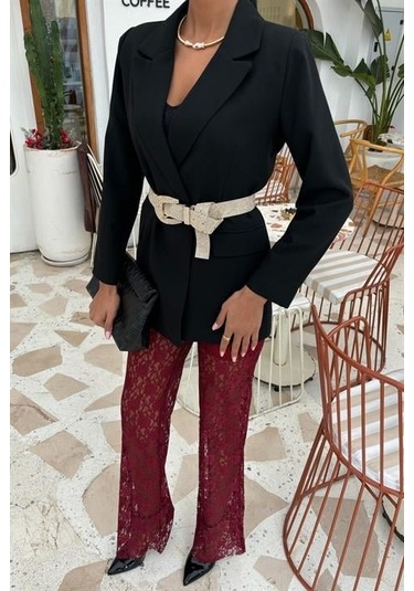 Modasize İçi Astarlı Dantel Pantolon 0081 Bordo