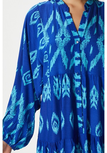 Modest Kadın Megan %100 Viskon Maksi Boy Mavi Katlı Balon Kol Uzun Yazlık Elbise Maviaçıkmavi Açık Mavi