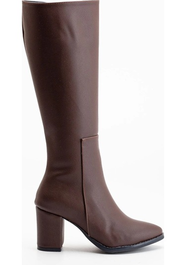 Beyaz Reyna Topuklu Fermuarlı Kadın Çizme Kahve Kahve