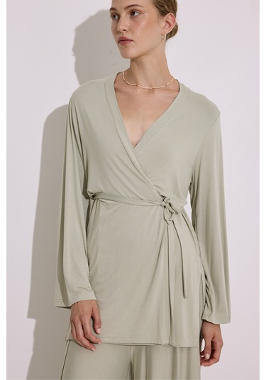 Bağlamalı Dökümlü Kimono Pastel Yeşil Pastel Yeşil