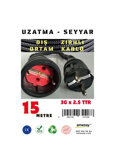 15 Metre Dış Ortam Spiral Zırhlı Uzatma Kablosu - G3x2.5 Kablo Kesiti 15 Metre